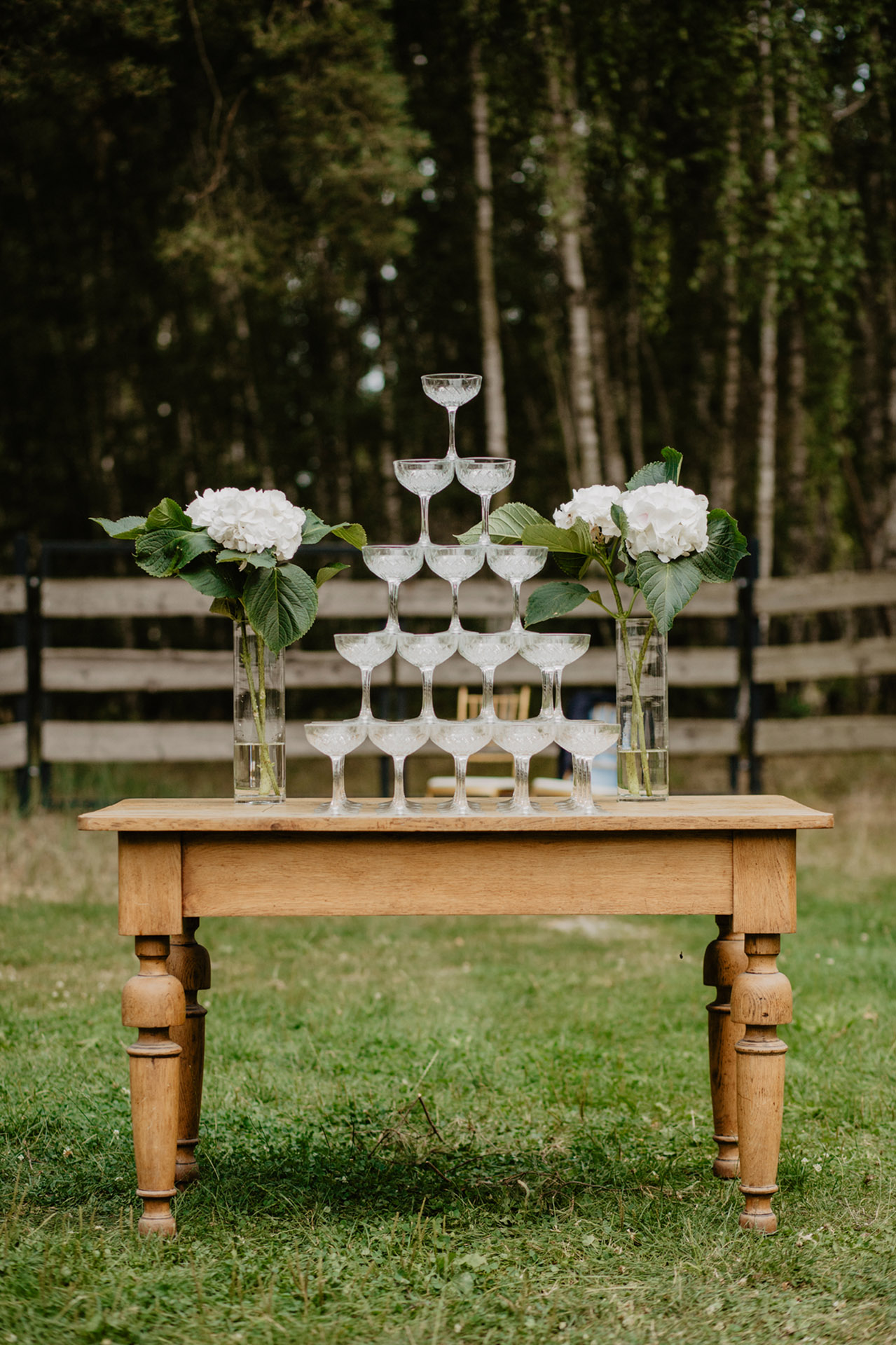 legancki champagne tower ze szklanek i kwitnącymi hortensjami na drewnianym stole na zewnątrz, przygotowany na wesele K&D w stylu slow wedding, sfotografowany przez Camera Folks – Wedding Photo & Video.